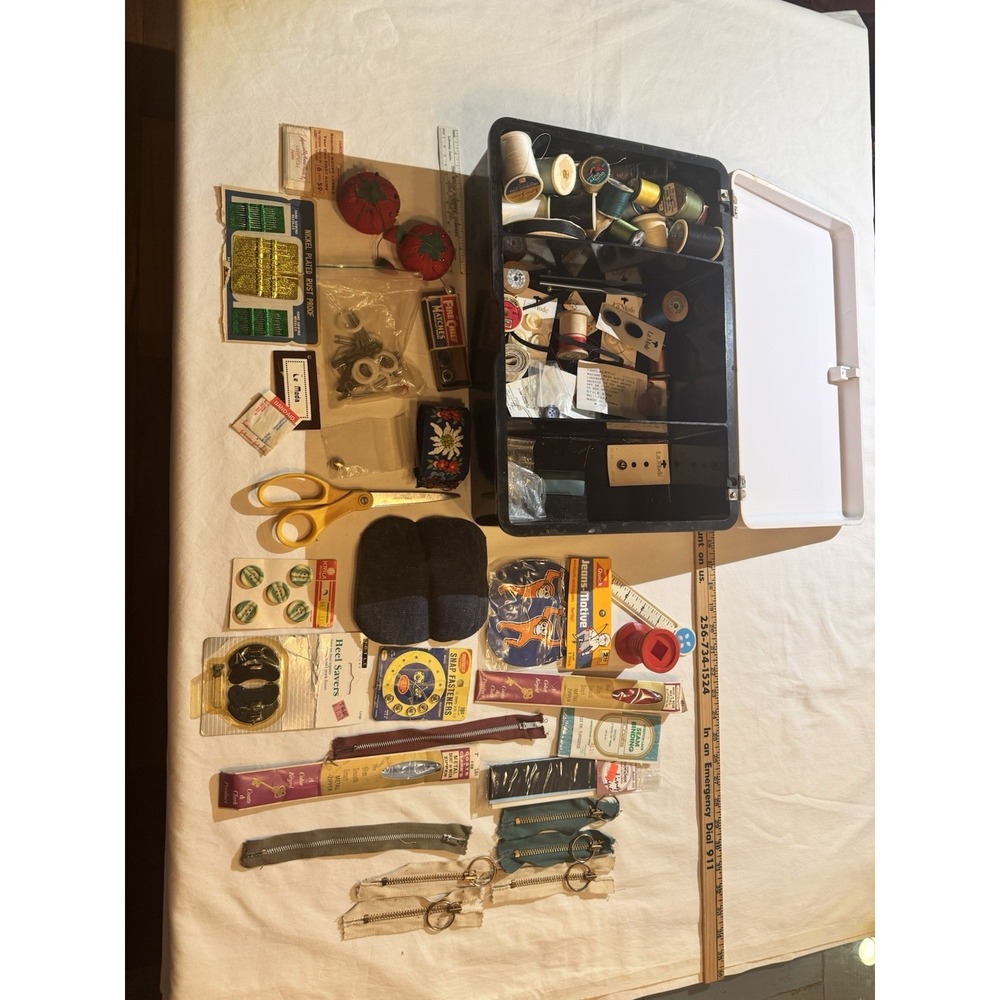 Vintage Sewing Box With Contents Thread Zippers Needles Pin Cushions Scissors…..